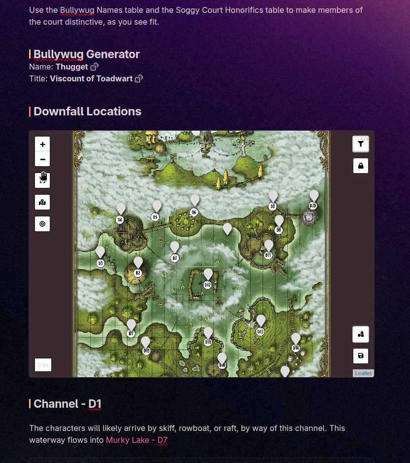 A screenshot of an Obsidian vault note with a Dungeons and Dragons map full of clickable links, and a random name generator for characters